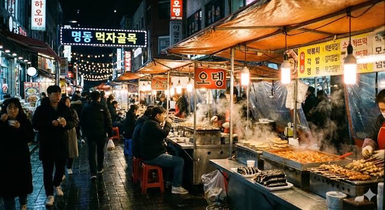 Korean night market with neon signs