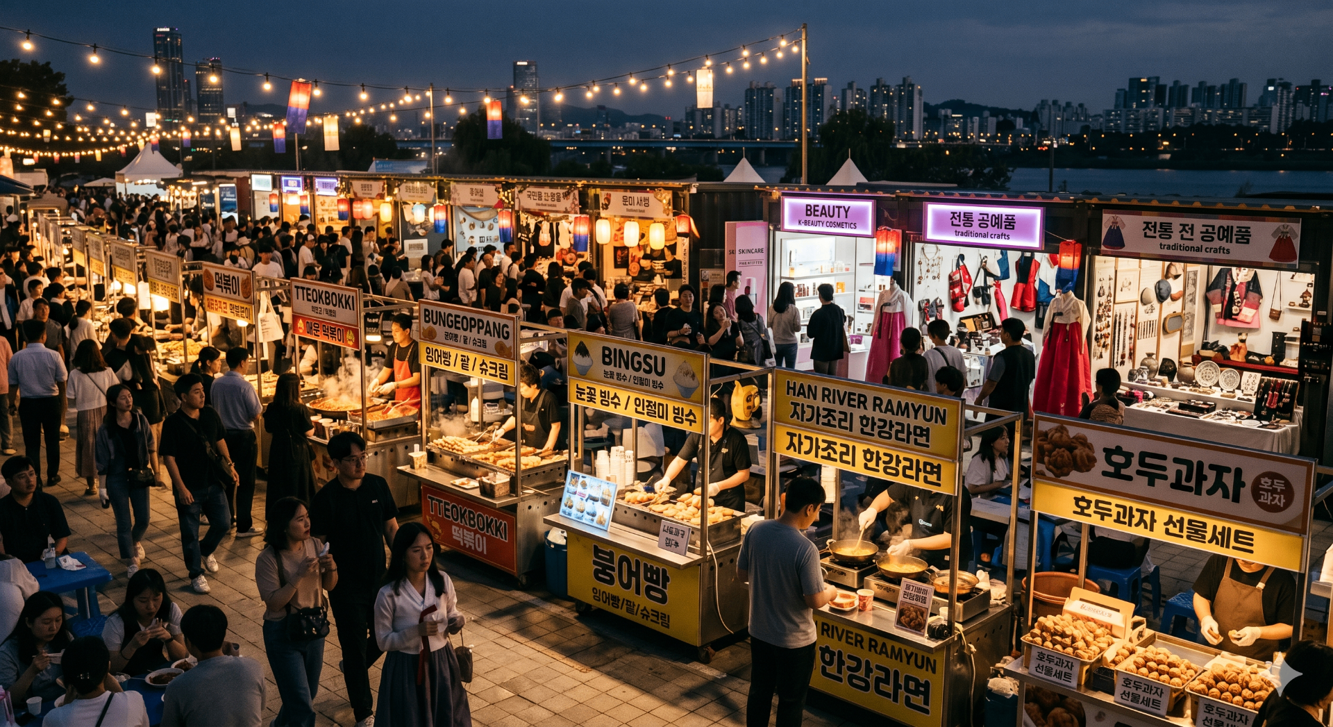Korean night market stalls with string lights